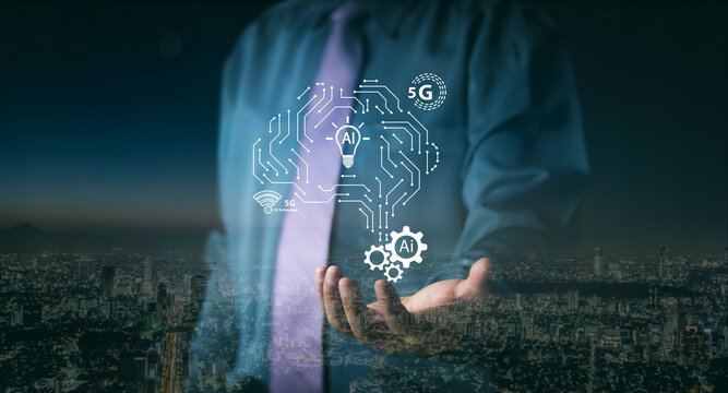 Future internet of things concept. Man with digital brain interface, 5G wireless technology, and AI gear. Global communication network, cyber security, and data science analysis for smart industry.