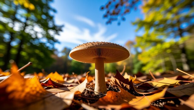 Autumn mushroom among fallen leaves in forest - Powered by Adobe
