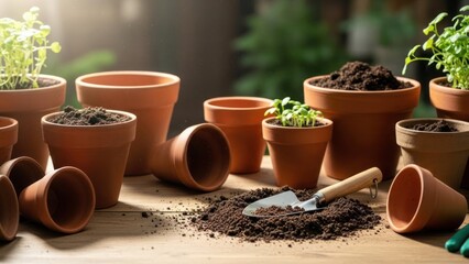 Earthenware Elegance: A Collection of Clay Pots and Soil, Ready for Planting Season