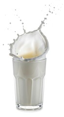Powerful Dynamic Milk Splash Creating a Beautiful White Crown Shape Inside a Transparent Glass Isolated on a Pure White Background Perfect for Refreshing Beverage and Dairy Product Advertisi