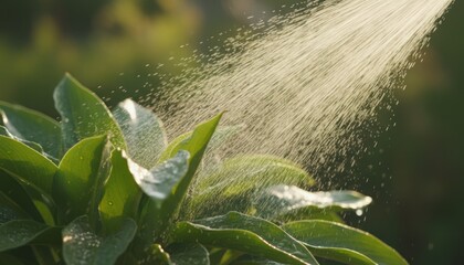 Watering plants in the garden, a symbol of growth and environmental care with a refreshing shot