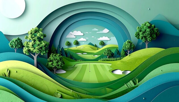 A layered papercraft depiction of a golf course featuring green hills, trees, and cloudy sky