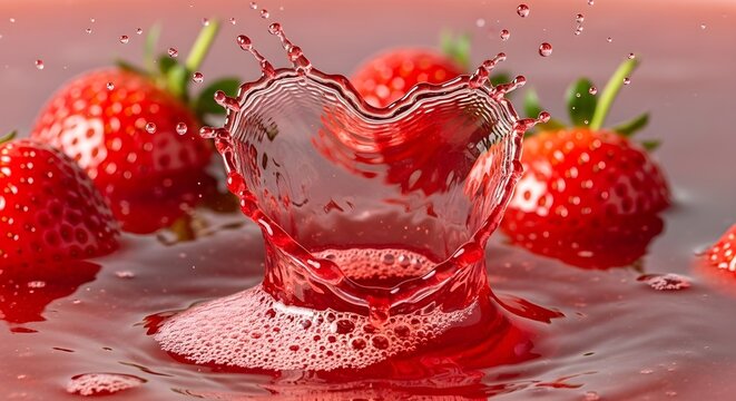 Heart-shaped strawberry juice splash with fresh ripe red fruit - Powered by Adobe