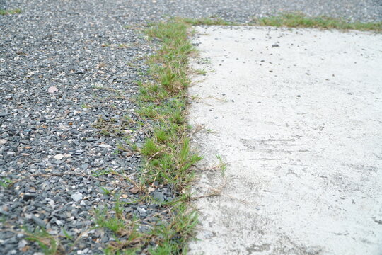 Green Grass Dividing Line Between Gravel and Concrete Pavement