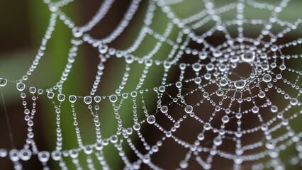 Close-up of a spider web covered in dewdrops creating a natural pattern with bokeh backdrop