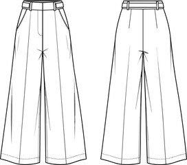 Women's wide leg trousers technical fashion flat, pants fashion CAD, clothing design template, apparel illustration, vector line drawing, sewing pattern