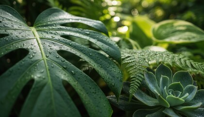 Lush green plants covered in dew drops in a vibrant tropical garden setting