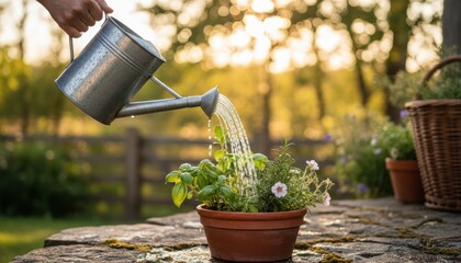 Watering plants in a garden setting under the warm sunlight offers tranquility