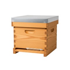 A wooden beehive with a grey roof isolated on white background