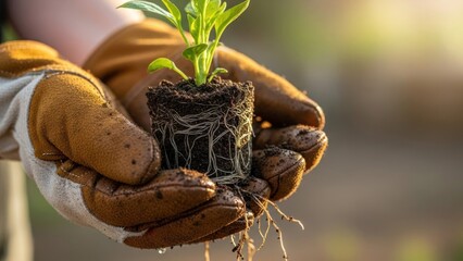A Gardener's Gentle Touch: Holding a Young Plant with Visible Roots in Gloves