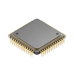 Square integrated circuit microchip with golden pins isolated on white background