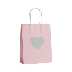 Small pastel pink paper gift bag with a light grey heart design isolated on white background