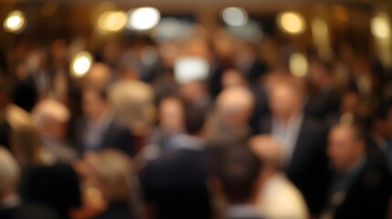 Defocused crowd of people at a formal indoor event with warm golden lights creating a festive atmosphere and elegant social gathering ambiance