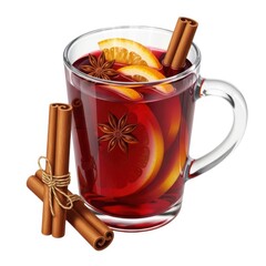 Cozy mulled wine with citrus and spices in a glass mug isolated on white background