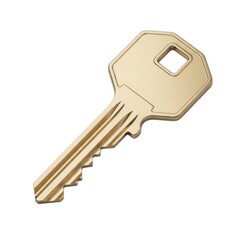 A single brass house key with a square bow isolated on white background