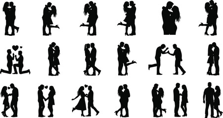 Collection of Loving Couple Silhouettes in Romantic Poses, Kissing, Hugging, and Expressing Affection, Perfect for Valentine's Day, Weddings, Love, Dating, and Relationship Concepts