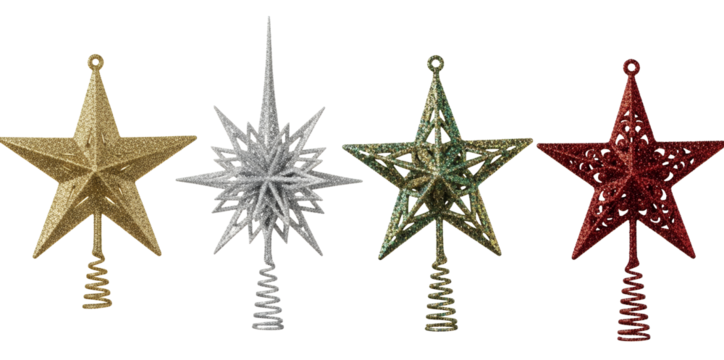Christmas tree toppers set, star shapes, glitter details