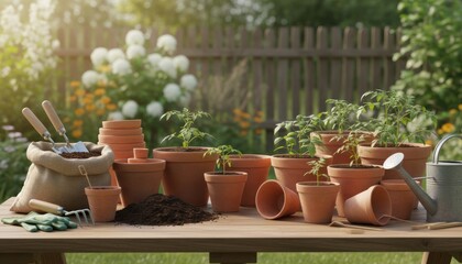 A serene garden scene featuring gardening tools, terracotta pots, and lush greenery illustrating