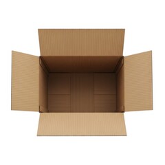 Open brown cardboard shipping box with flaps extended isolated on white background