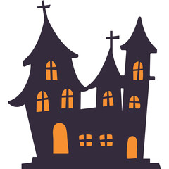 Spooky silhouette of a haunted house with glowing orange windows and dark purple exterior under a dark sky creating a mysterious and eerie atmosphere perfect for Halloween celebrations and gothic
