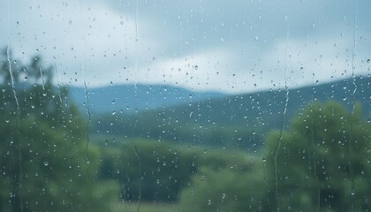 Raindrops on window overlooking blurred mountains and lush green trees create soothing atmosphere