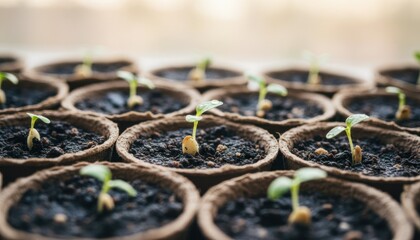 Emerging Life: Close-Up of Seedlings in Biodegradable Pots Symbolizing New Beginnings and Growth
