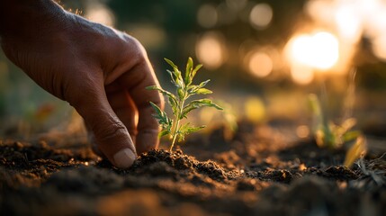 Fototapeta premium Close-up of a hand planting a small seedling in rich soil during a golden sunset.