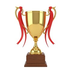 Golden champion trophy with red ribbons isolated on white background