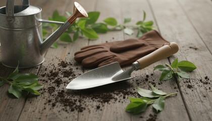 Rustic Gardening Still Life: Watering Can, Trowel, Gloves and Greenery on Wood
