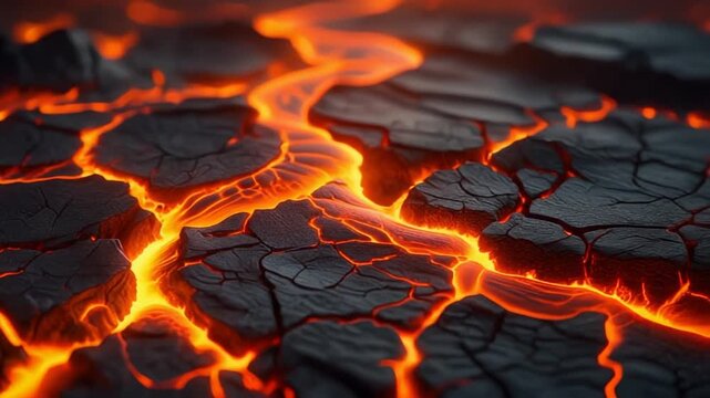 A dramatic close-up view of molten magma cracking through the dark, volcanic earth's surface