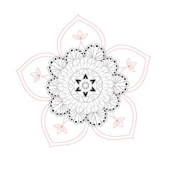 Black and Red Outline Flower Mandala Design on White Background circular floral