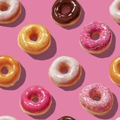 A seamless pattern of multicolored donuts with pink icing and sprinkles on a bright pink background is a fun and playful illustration of the dessert.