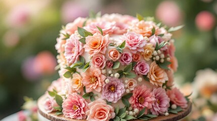 Elegant tiered wedding cake adorned with delicate pink and peach sugar flowers and green foliage, perfect for celebrations and special occasions in a garden setting