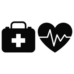 First aid kit and heart with pulse isolated on