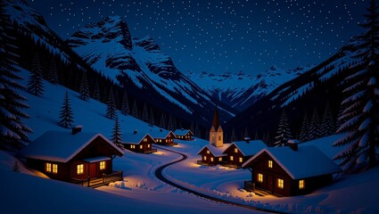Snowy mountain village under starry night sky