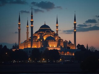Naklejka premium The majestic Blue Mosque in Istanbul, beautifully illuminated at twilight against a deep blue sky.