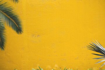 Colorful yellow concrete wall background with green leaf of palm tree