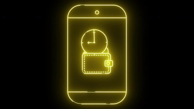 Phone outline glows yellow with a clock above a wallet icon all outlined in same yellow neon glow against a black background