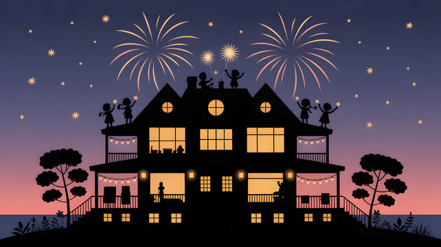 Celebration fireworks house silhouette vector illustration new year's eve party design element - Powered by Adobe