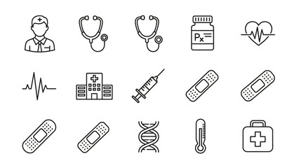 Healthcare and Medical Icons Set Doctor, Stethoscope, Pills, Heart, Hospital, Injection, Bandage & More