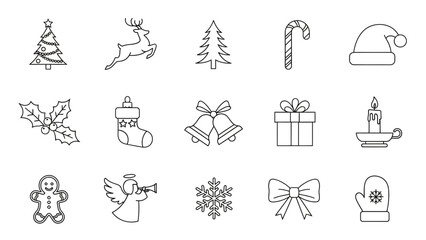 A collection of Christmas and winter holiday line art icons. This set includes traditional symbols like a tree, reindeer, snowflake, angel, and gift