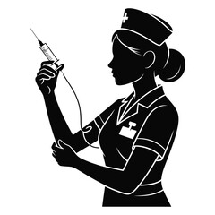 Silhouette of a nurse preparing a syringe, isolated on