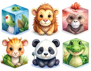 Obraz premium Cute watercolor-style cartoon animals displayed inside colorful translucent cubes