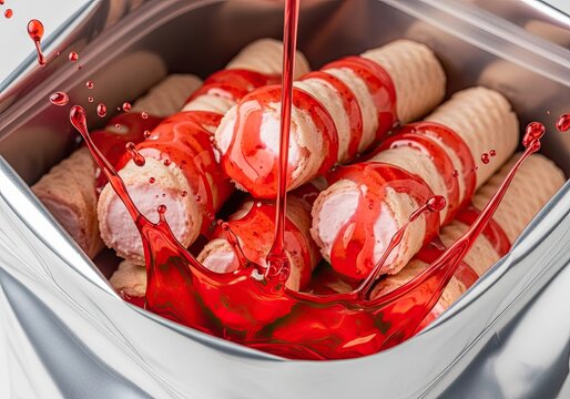 Silver glossy bag featuring strawberry wafer rolls enhanced by strawberry syrup splash