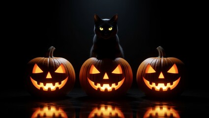 Black cat on glowing jackolanterns