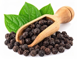 Black peppercorns, wood scoop, green leaves, close-up
