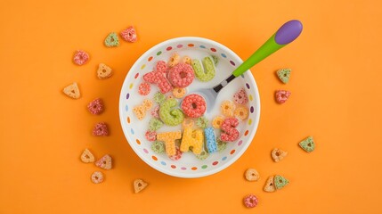 Colorful cereal bowl with motivational message “You Got This” floating in milk on bright orange background, playful breakfast inspiration concept