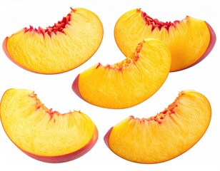 Sliced, ripe, juicy peach segments against a white backdrop