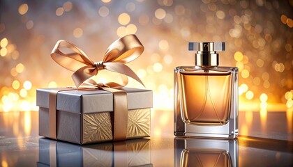 Elegant perfume bottle beside gift box with gold ribbon and bokeh
