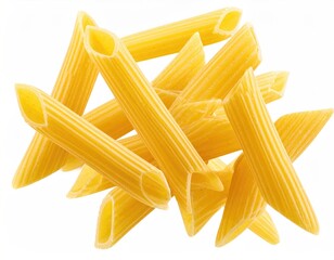 Pile of penne pasta, yellow, tubular, and angled cut
